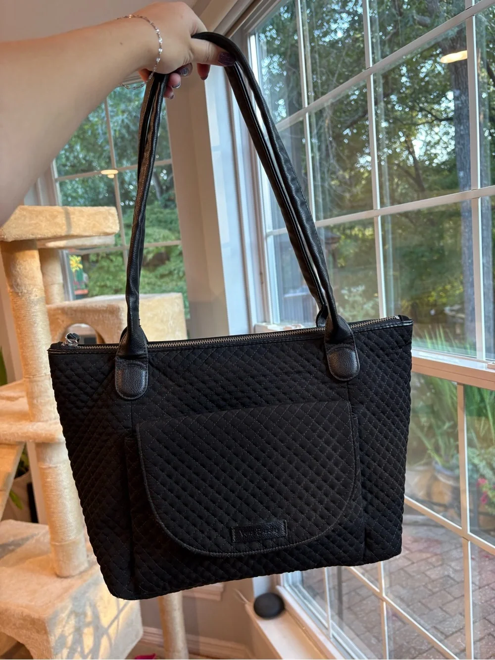 Vera Bradley Black Quilted Tote with Front Pocket w floral inside